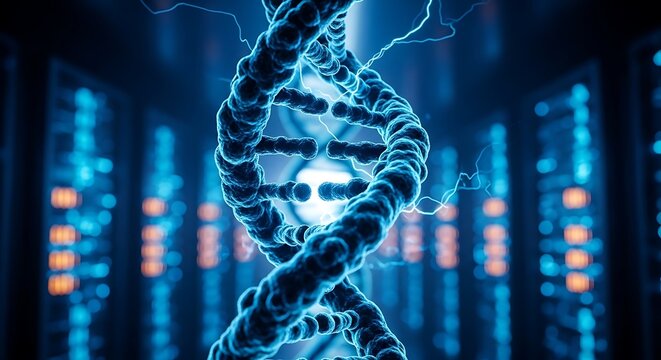 Striking dark blue textured DNA helix with luminous electrical arcs in a futuristic data center environment.