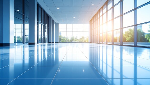 A bright, modern hallway with large glass windows, polished floors, and symmetrical architectural lines, filled with natural light and minimalist elegance.