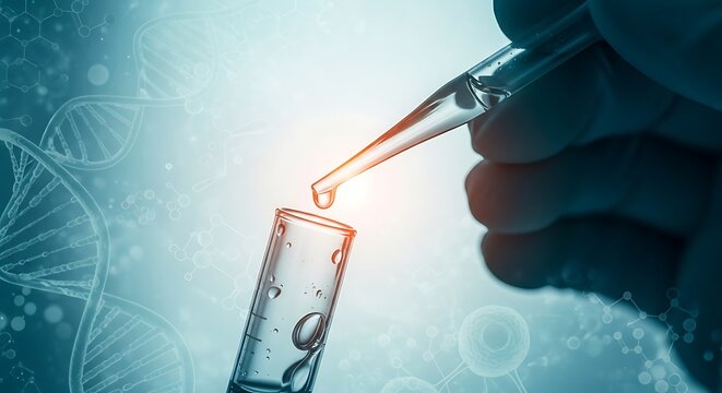 Precision Dropper Dispensing Luminous Orange Liquid into a Clear Test Tube Against a Blue DNA Molecule Background