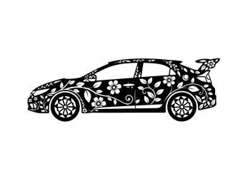 Floral Decorated Car Silhouette with Spoiler and Intricate Wheel Design.