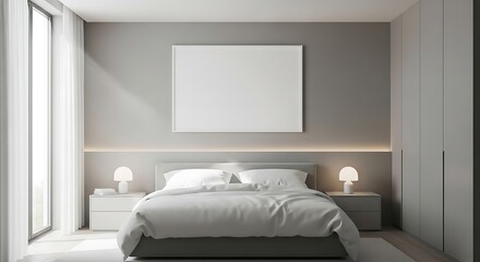 Minimalist bedroom interior featuring a double bed with white linens, bedside tables, lamps, a blank picture frame, and natural light from a window.