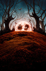 Spooky funny monsters, flying bats and red moon