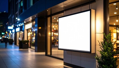 Vibrant urban night scene featuring a prominent, unbranded white display board on a building exterior, ready for custom branding or marketing messages.