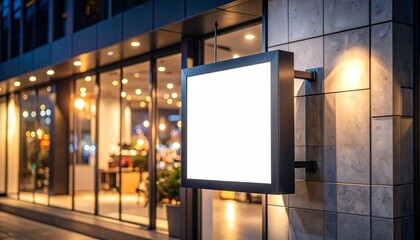 Blank white illuminated square signboard mockup on a modern building facade at night
