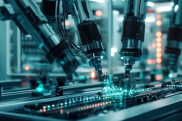 A close-up of robotic arms working on circuit boards in an industrial setting, with a focus on the precision and technology used for assembly work. 