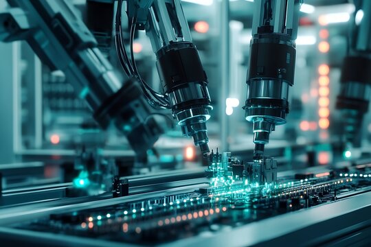 A close-up of robotic arms working on circuit boards in an industrial setting, with a focus on the precision and technology used for assembly work. 