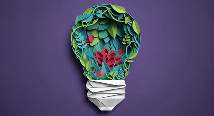 Intricate layered paper cut lightbulb showcasing vibrant green leaves and red floral patterns against a solid purple backdrop.