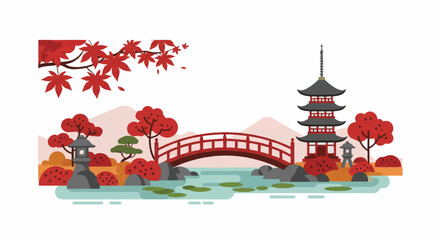 Serene Japanese garden illustration with a red pagoda arched bridge and autumn maple leaves.