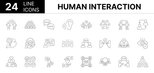 Collection of 24 Human interaction line icons featuring editable strokes. These outline icons depict various modes of Human interaction, Communication, People, Connection, Friends, Chat, Bonding,