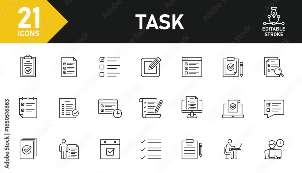 Poster task line icon set. set of 21 outline icons related to task, project, to do list, checkbox, clipboar