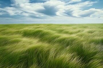 Green grass, wispy clouds, the wind blowing the grass in the distance, endless plains,