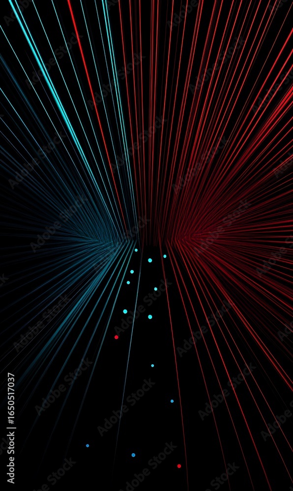 Poster black background with red and blue rays of light in the shape of lines,