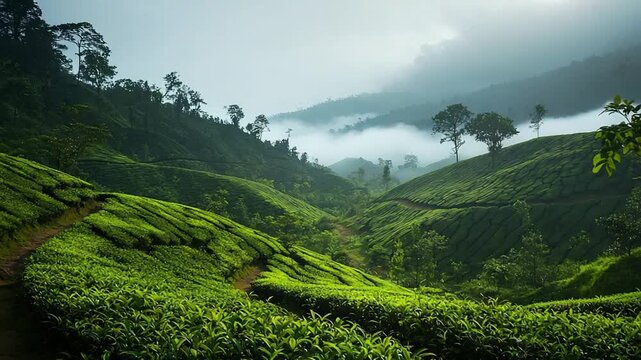 misty tea plantations in munnar kerala, indian landscape video timelapse