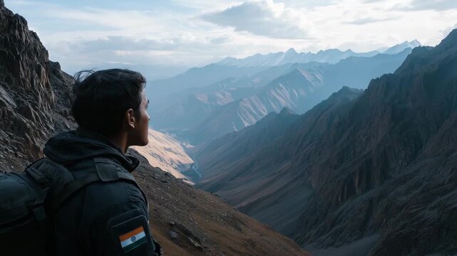 A man wearing a black jacket with an Indian flag patch. Faceless silhouette of soldier with India flag patch looking at distant Himalaya border, dramatic muted, india china border
