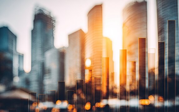 Urban cityscape overlaid with financial charts. Blurred city buildings, skyscrapers and golden sunset.  Vertical bar graphs overlaid
