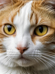 A cat's face, predominantly yellow and white, is depicted in close-up, with notable yellow and black markings on its eyes