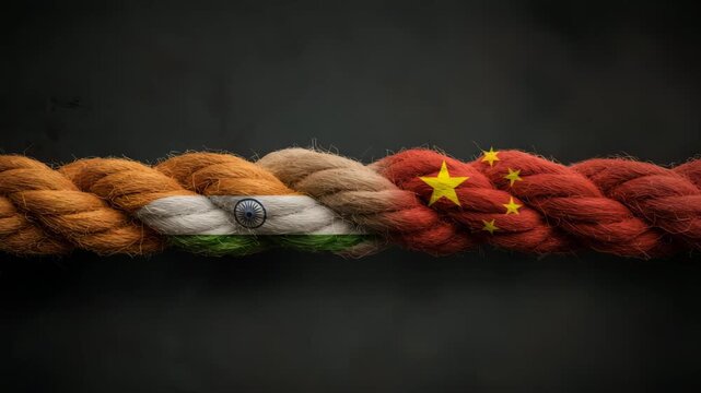 A rope with the flags of India and China on it. The rope is red and brown. The flags are green. Conceptual illustration of rope tug of war with India and China border flags on each side, dark textured