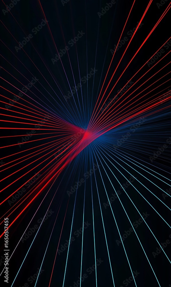 Poster black background with red and blue rays of light in the shape of lines,