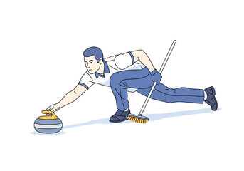 Obraz premium Cartoon figure in curling pose stone launched broom nearby