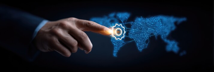 Businessman's finger interacts with a glowing global gear icon