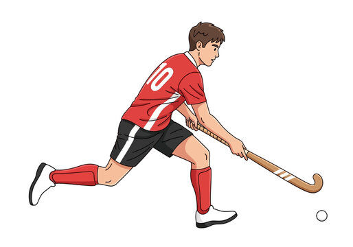 Field hockey player in red jersey swings stick at ball white background