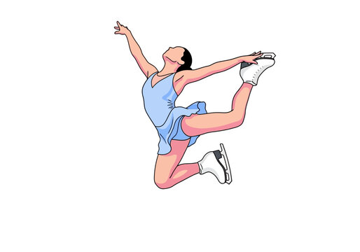 Figure skater in light blue dress executing a Biellmann spin with grace isolated on a white background