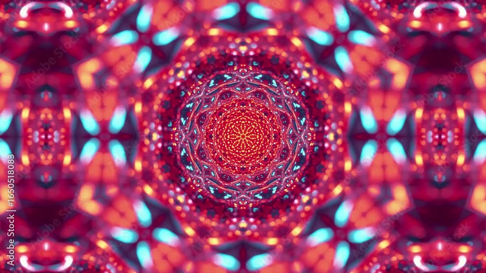 Poster hypnotic digital mandala pulsing with vibrant red and blue light creating mesmerizing symmetrical pa