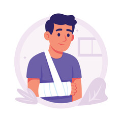 A flat illustration of a male character is depicted wearing a white arm sling.