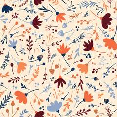 Colorful, autumn botanical seamless repeat pattern. Random placed, vector leaves, flowers, grass, herbs, mushrooms aop, all over surface print on beige background.