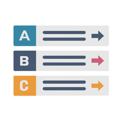 Obraz premium Vector art of three horizontal list items with letters a, b, and c, each with parallel lines and an arrow indicating direction, isolated on white background