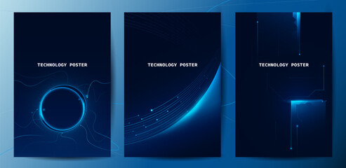 Futuristic digital blue line technology poster, glowing lines innovation and connection network background for tech event poster or presentation product business © Aneg