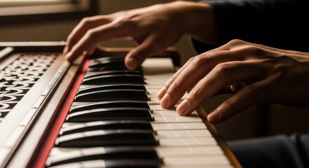 Obraz premium Close Up Shot of Hands Playing a Keyboard Instrument Melodically