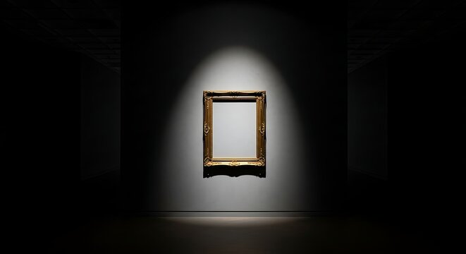 An ornate, empty gold picture frame hangs on a dark wall, illuminated by a single spotlight.