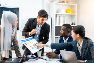team of multiethnic colleague discuss budget performance planning, sharing idea for cost reduction, business people man woman diverse employee coworker in formal suit meeting in finance office
