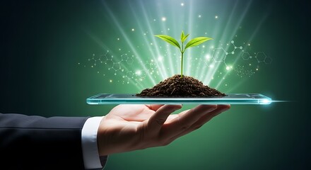 Businessman's hand presenting a glowing digital tablet with a vibrant green plant sprouting from a mound of soil.