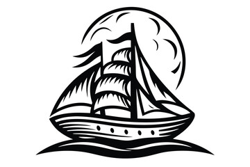 Black Silhouette Sailing Ship with Moon on White Background