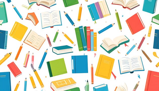 Colorful Books and Pencils Pattern Background Design.