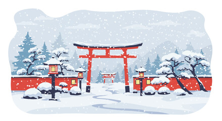 Naklejka premium Vibrant Red Torii Gate in a Japanese Garden During a Snowy Winter Day Illustration.