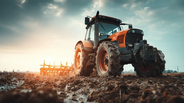 Orange tractor plowing a field at sunset