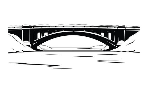 Illustration of a bridge over a river isolated on white background, showcasing its architectural design and urban landscape with a scenic view