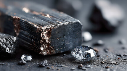 Raw nickel mineral crystals on the black shale exhibit metallic reflections, showcasing strategic mineral resources and industrial clean energy materials.