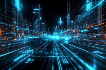 Abstract digital technology background with blue glowing lines and light streaks on a dark black backdrop, a futuristic cityscape