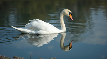 Obraz premium Elegant white swan gracefully glides across calm water reflecting its pristine beauty