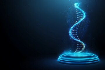 Abstract blue digital DNA and futuristic hologram on a dark background for technology, science, or medical concept 