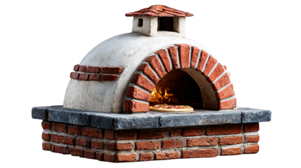 Brick Oven Baking: A rustic brick oven, ablaze with fire, proudly houses a freshly baked pizza, invoking warmth, aroma and a promise of culinary delight.