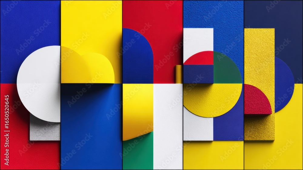 Poster colorful abstract geometric arrangement showcasing various shapes and textures in an artistic displa