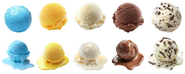 Set of different tasty ice cream balls with different fillings isolated on transparent background PNG