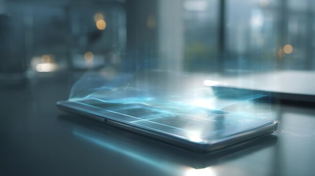 Smartphone displays holographic data stream. Technology concept. For marketing, advertising, product presentation, digital art, UI, web.