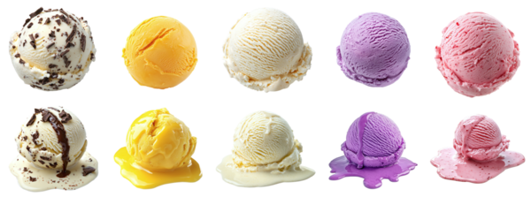 Set of different tasty ice cream balls with different fillings isolated on transparent background PNG