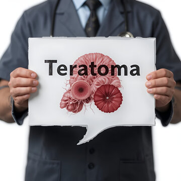 Teratoma. Doctor in smock holds up speech bubble. The word Teratoma is in the sign. Symbol of illness, health, medicine